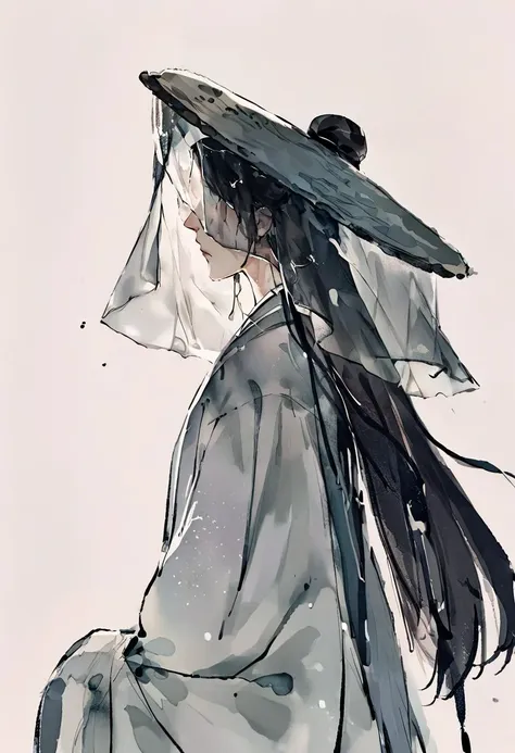 score_9, score_8_up, score_7_up, score_6_up, ink style, long hair, black hair, solo, hat, long sleeves, veil, from side, hair bun, chinese clothes, profile, closed mouth, upper body, male focus