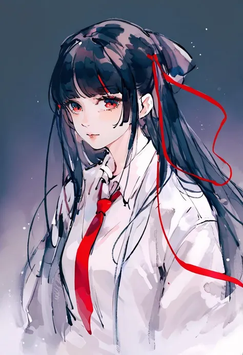 score_9, score_8_up, score_7_up, score_6_up, 1girl, solo, long hair, black background, ribbon, hair ribbon, necktie, simple background, multicolored eyes, looking at viewer, bangs, shirt, black hair, jacket, collared shirt, closed mouth, spot color, red necktie, portrait, blunt bangs, red ribbon, upper body, red eyes