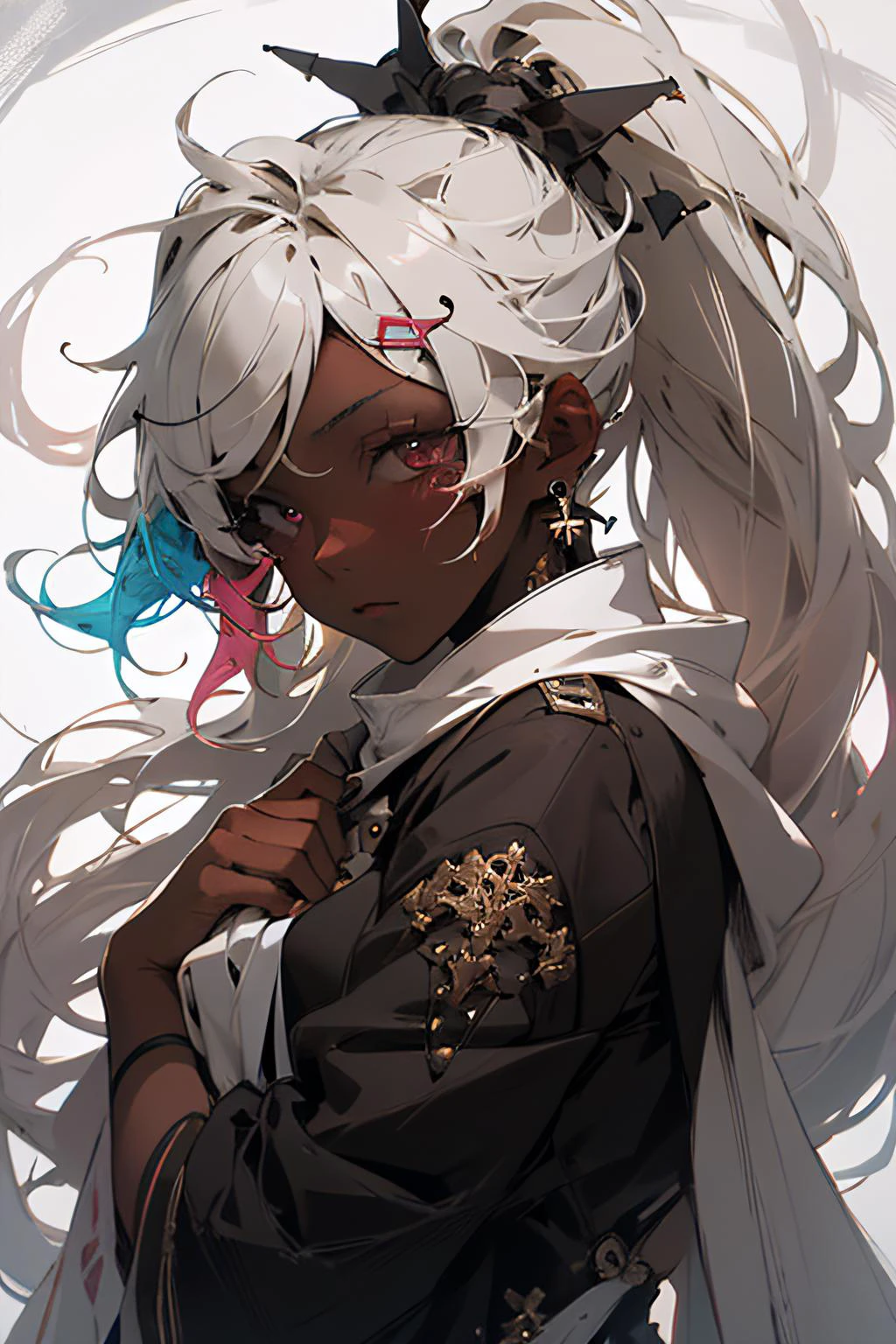 masterpiece, best quality, <lora:Niji:1>, niji style, 1girl, face, looking at viewer, expressionless, hug, multicolored hair, colorful hair, red eyes, hair ornament, ponytail, hairpin, earrings, colorful eyes, BREAK
<lora:chocoskin:1.1>