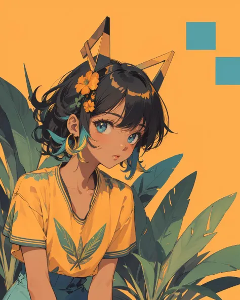 (masterpiece:1.0), (highest quality:1.12), (HDR:1.0), flat color, high contrast, time stop, merging colors, gradient, flat icon, toon, 1girl, hair ornament, 90's, (plants), professional, abstract shape background, pattern, spunk, retro, (electric, wave:0.9), style, (tan skin), yellow, orange