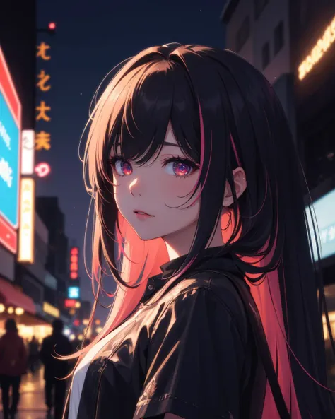 (masterpiece:1.1), (highest quality:1.1), (HDR:1.0), 1 girl, highly detailed hair, multicoloured hair, night, neon sign backlight, cinematic lighting, looking to the viewer, side lighting, complex hairstyle, midnight vibe, Depth of field