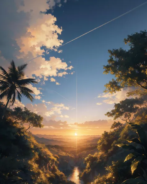 (masterpiece:1.1), (highest quality:1.1), (HDR:1.3), foreign clear sky, cloud, gradient sky, sunset, astral, (starry sky:0.7), (jungle), from below
