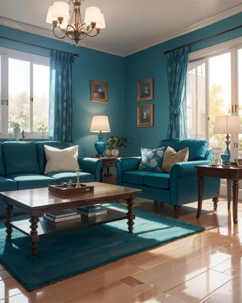 (masterpiece:1.1), (highest quality:1.1), (HDR:1.3), (real focus:1.2), (colorful), mediterranean style living room, modern interior design, casual luxury, soft, inviting, warm, airy, spacious, sofa, pillow, lamp, end table, rug, window, spatial lighting, natural light, open floor plan, modern minimalistic furniture, notorious, (teal:1.2)