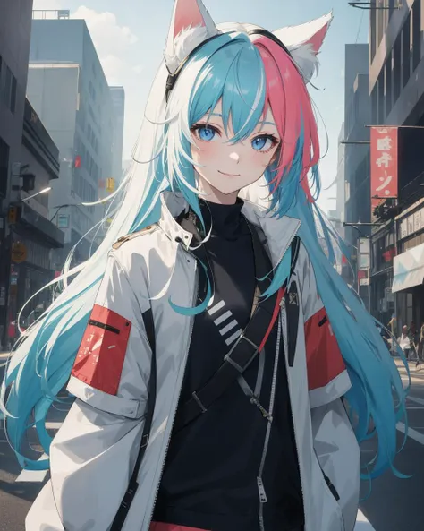 (masterpiece:1.1), (highest quality:1.1), (HDR:1.3), (real focus:1.2), an anime girl with long white hair and a coral jacket with a cat ears on her head, official art, 1girl, animal_ears, bangs, black_shirt, blurry, blurry_background, depth_of_field, gloves, jacket, jewelry, long_hair, long_sleeves, looking_at_viewer, multicolored_hair, open_jacket, aqua hair, shoulder_strap, smile, white_jacket, neon volumetric lighting