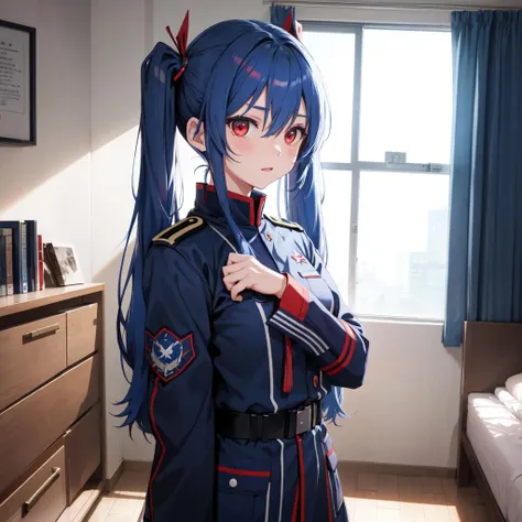 1girl, red eyes, blue hair, twintails, blue military uniform, scenery, room