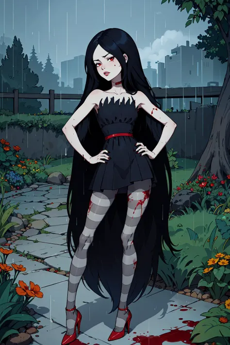 best quality, masterpiece, marceline, 1girl, long hair, solo, black hair, dress, striped, striped pantyhose, red eyes, bite mark, very long hair, colored skin, high heels, grey skin, day, contrapposto, hand on hip, black nails, parted lips, disgust, looking at viewer, outdoors, rain, garden, blood on clothes, blood on clothes, <lora:Character_Adventure.Time_Marceline:0.55> <lora:Function_Better.Hands:1> <lora:Function_Hair.Length.Slider:2>