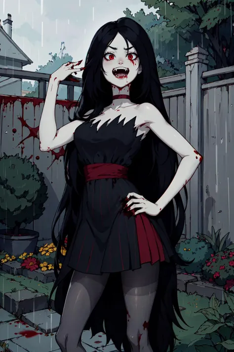 best quality, masterpiece, marceline, 1girl, long hair, solo, black hair, dress, black choker, striped, striped pantyhose, red eyes, bite mark, very long hair, colored skin, high heels, grey skin, day, contrapposto, hand on hip, blood on hands, laughing, looking at viewer, outdoors, rain, garden, blood on clothes, blood on clothes, <lora:Character_Adventure.Time_Marceline:0.55> <lora:Function_Better.Hands:1> <lora:Function_Hair.Length.Slider:2> <lora:Concept_Fangs:0.8> fangs