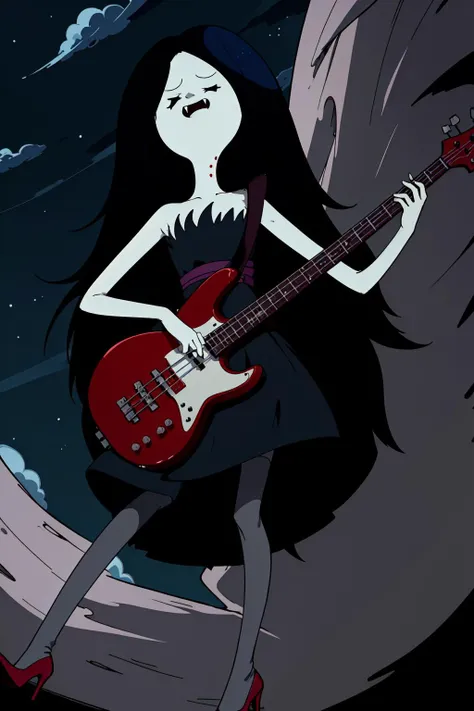 marceline, 1girl, from below, long hair, solo, black hair, dress, striped, striped pantyhose, closed eyes, bite mark, very long hair, fangs, colored skin, high heels, grey skin, night, moon, star \(sky\), sky, on air, flying, floating, playing instrument, bass, <lora:Character_Adventure.Time_Marceline:0.65> <lora:Concept_Fangs:0.8>