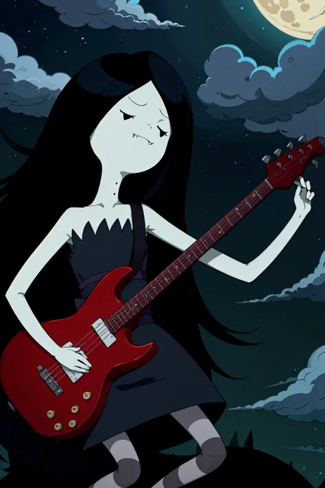 marceline, 1girl, long hair, solo, black hair, dress, striped, striped pantyhose, closed eyes, bite mark, very long hair, fangs, colored skin, high heels, grey skin, night, moon, star \(sky\), cloud, sky, on air, flying, floating, playing instrument, looking at viewer, upper body, <lora:Character_Adventure.Time_Marceline:0.65> <lora:Concept_Fangs:0.8>