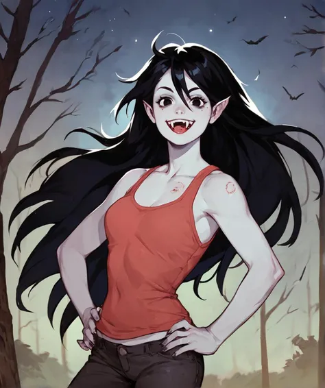 marceline, 1girl, fangs, solo, vampire, long hair, fangs out, solid circle eyes,tank top, bite mark, black eyes, black hair,floating, very long hair, grey skin, pants, smile,outdoors, night, night sky, score_9, score_8_up, score_7_up, score_6_up, score_5_up, score_4_up, looking at viewer, hand on own hip, cowboy shot,tree, forest, <lora:MarcelinePony1.0:1>