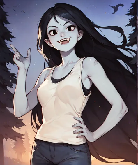 marceline, 1girl, fangs, solo, vampire, long hair, fangs out, solid circle eyes,tank top, bite mark, black eyes, black hair,floating, very long hair, grey skin, pants, smile,outdoors, night, night sky, score_9, score_8_up, score_7_up, score_6_up, score_5_up, score_4_up, looking at viewer, hand on own hip, cowboy shot,tree, forest, <lora:MarcelinePony1.0:1>