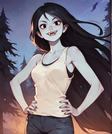 marceline, 1girl, fangs, solo, vampire, long hair, fangs out, solid circle eyes,tank top, bite mark, black eyes, black hair,floating, very long hair, grey skin, pants, smile,outdoors, night, night sky, score_9, score_8_up, score_7_up, looking at viewer, hand on own hip, cowboy shot,tree, forest, <lora:MarcelinePony1.0:1>