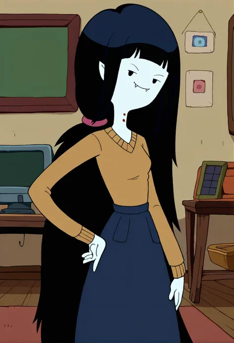 score_9, score_8_up, score_7_up BREAK
1girl, flat color, 2d, marceline, fangs, vampire, grey skin, solid circle eyes, black eyes, bite mark, cowboy shot, solo, upper body, looking at viewer, standing, head tilt, hand on own hip, peace sign, smirk, absurdly long hair, blunt bangs, hair scrunchie, black hair, turtleneck sweater, long sleeves, small breasts, firm breasts, long skirt, thick thighs, indoors, bedroom, <lora:JLFO_Marceline_Pony.XL:0.85>