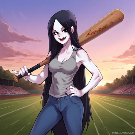 score_9, score_8_up, score_7_up, score_6_up, melkormancin-dh BREAK, 1girl, solo, baseball bat on shoulder, breasts, looking at viewer, smile, very long hair, black hair, black eyes, hand on hip, baseball field background, (marceline:0.5), fangs, solo, vampire, long hair, fangs out, solid circle eyes,tank top, bite mark, black eyes, black hair, very long hair, grey skin, pants <lora:MarcelinePony1.0:0.7> <lora:Artist_Style_-_Melkor_Mancin_Romulo_Mancin_Style_PDXL:0.7>