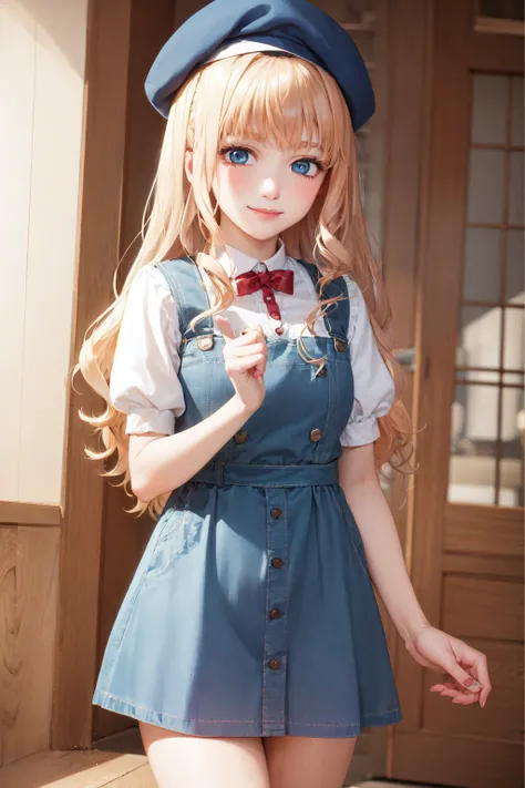 (masterpiece, best quality:1.2), <lora:macrossfrontier_nome-08:1>, cowboy shot, solo, 1girl, sheryl nome, smile, closed mouth, looking at viewer, beret, pinafore dress, puffy short sleeves