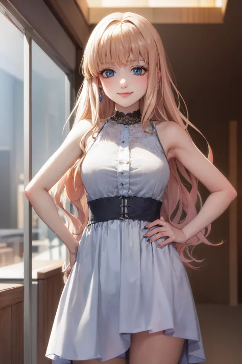 (masterpiece, best quality:1.2), <lora:macrossfrontier_nome-08:1>, cowboy shot, solo, 1girl, sheryl nome, smile, closed mouth, looking at viewer, hand on hip, dress