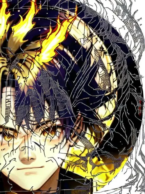 1 boy, golden hair, fire, street background <lora:maSK:1>
