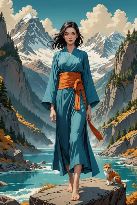 Concept art, mountains, (Ren:1.2) , stylized, in summer robe, Black hair styled as High ponytail, Sun in the sky, art by Dan Mumford and beeple, Regret, Industrial Art, studio lighting, <lora:EldritchArt1.0:0.8>