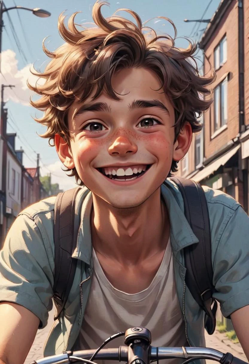 Drawing. Close up of a happy boy a riding a bicycle in town <lora:Dreamyvibes artstyle SDXL - Trigger with dreamyvibes artstyle:1> dreamyvibes artstyle