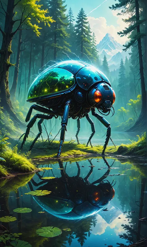 Mutant insectoids with acid-spewing exoskeletons in Mirror lake reflecting otherworldly realm, ultra-fine digital painting, <lora:xl_more_art-full_v1:0.3>, <lora:Dreamyvibes artstyle SDXL - Trigger with dreamyvibes artstyle:0.7> Dreamyvibes Artstyle