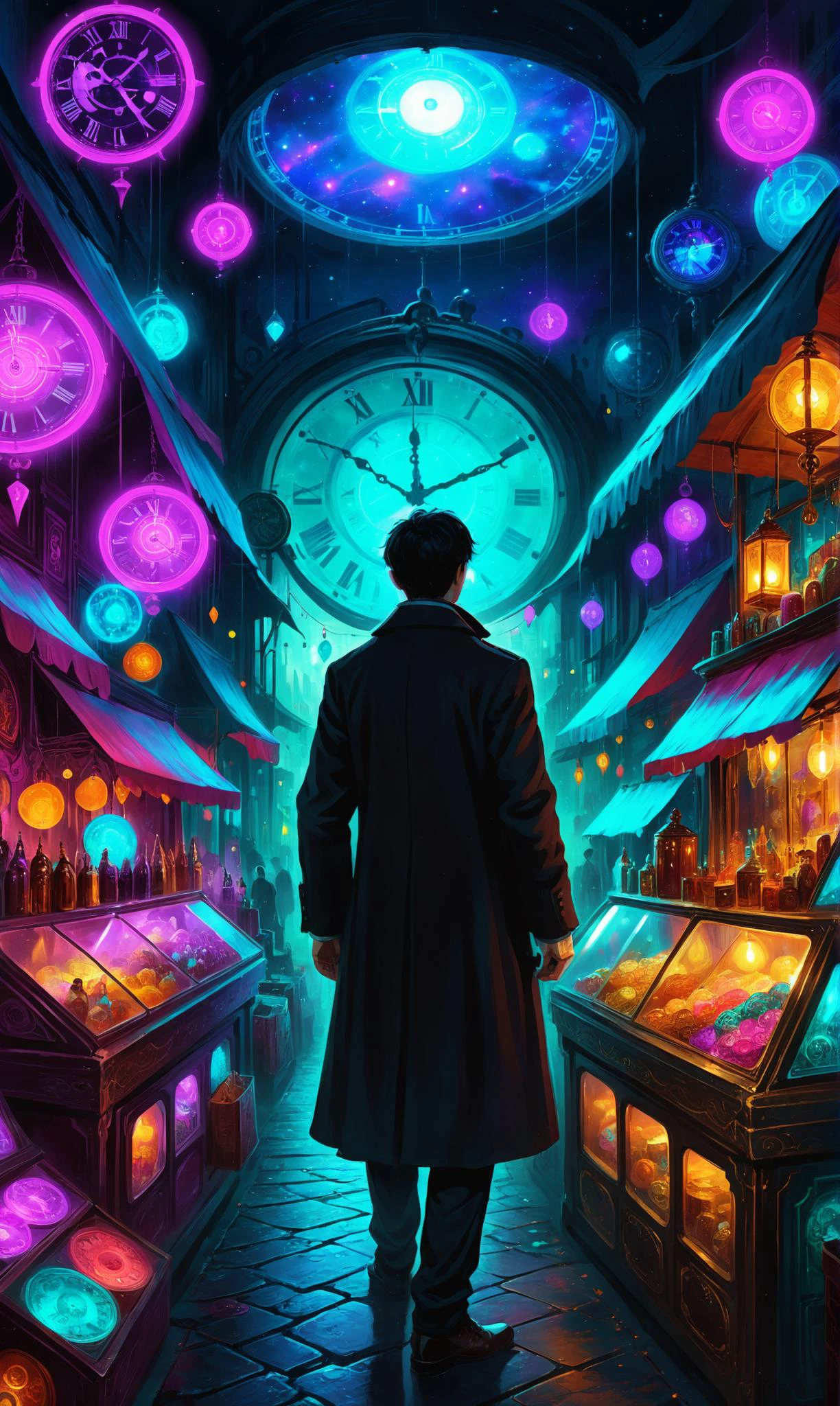 a Smuggler with concealed cybernetic compartments at a Clockwork marketplace bustling with fantastical wares, ultra-fine digital painting, <lora:xl_more_art-full_v1:0.3>, <lora:Dreamyvibes artstyle SDXL - Trigger with dreamyvibes artstyle:0.7> Dreamyvibes Artstyle, <lora:EnvyFeverDreamXL01a:0.7> <lora:gildedvictoriansxl_v1:0.4> victorianstyle