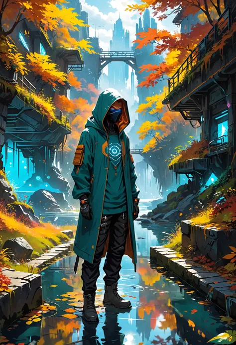 <lora:evil_villain:1> evil villain Underground netrunner with cyberdeck hacking, <lora:outrageous_fashion:1> outrageous fashion, Tranquil lake reflecting autumn colors in the background, <lora:xl_more_art-full_v1:0.4>,  <lora:MJ52:0.4>, Sunrays shine upon it, <lora:wildlife-sdxl:0.8> t-shirt_design, <lora:Dreamyvibes artstyle SDXL - Trigger with dreamyvibes artstyle:0.7> Dreamyvibes Artstyle, sharp focus, highly detailed