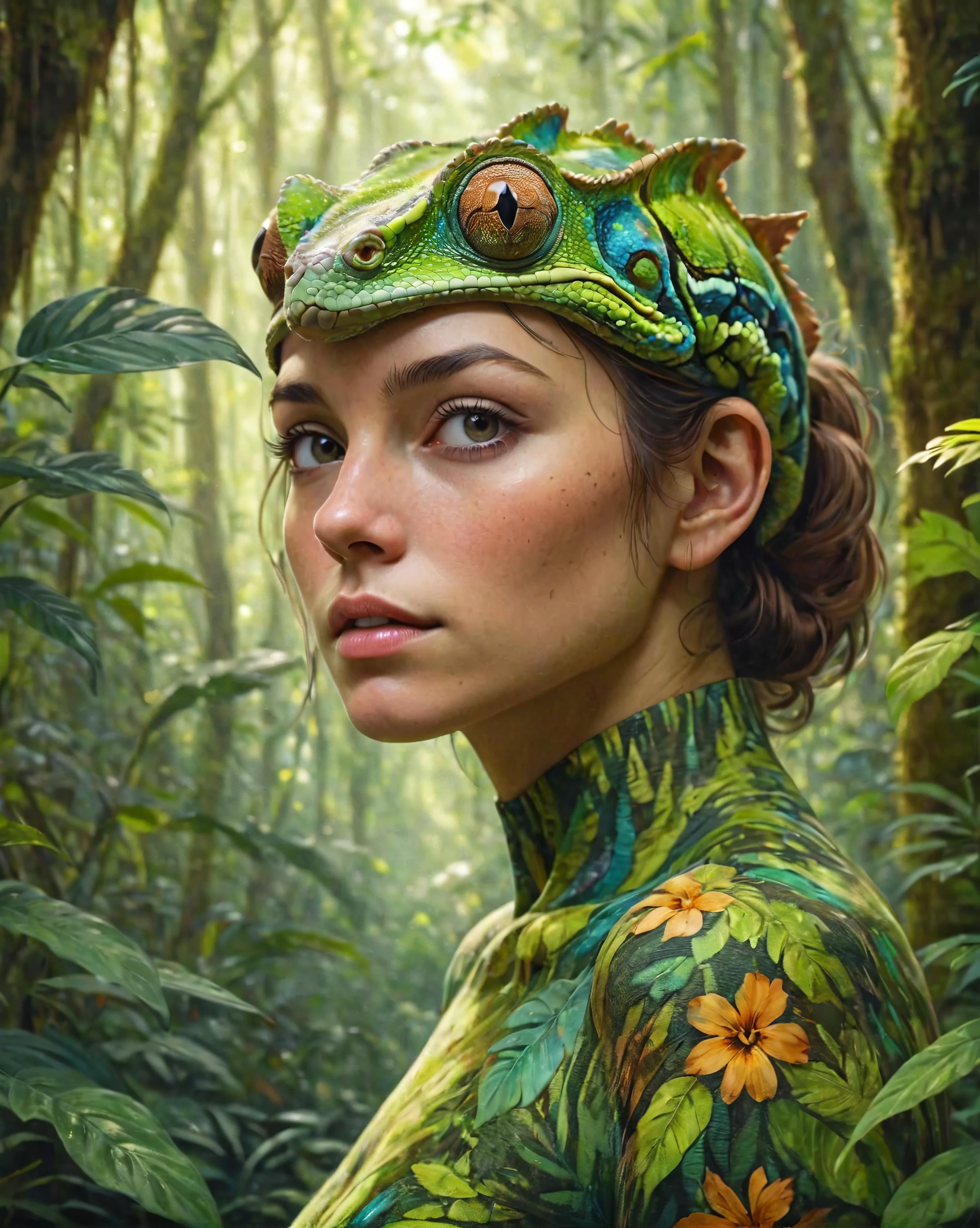 Portrait of a woman with the exceptional ability of camouflage, her skin and clothes perfectly mirroring the intricate patterns and colors of a lush rainforest around her. The surroundings are a kaleidoscope of vivid greens, rich browns, and the occasional vibrant flower, all reflected in her appearance. This chameleon-like adaptation creates an almost invisible effect, with only the gentle contours of her form distinguishable. Art style inspired by hyperrealistic nature paintings, with a hint of fantasy elements. Camera: 135mm lens, medium close-up to capture the subtlety of her blending into the environment. Render: ultra-high resolution, ensuring the finest details of the camouflage are evident, complemented by HDR lighting to highlight the depth and textures of the forest and the woman's harmonious integration. (hyperrealistic:1.25), (HDR lighting:1.25),
, <lora:Dreamyvibes artstyle SDXL - Trigger with dreamyvibes artstyle:0.8> Dreamyvibes Artstyle, <lora:add-detail-xl:0.4>