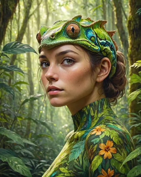 Portrait of a woman with the exceptional ability of camouflage, her skin and clothes perfectly mirroring the intricate patterns and colors of a lush rainforest around her. The surroundings are a kaleidoscope of vivid greens, rich browns, and the occasional vibrant flower, all reflected in her appearance. This chameleon-like adaptation creates an almost invisible effect, with only the gentle contours of her form distinguishable. Art style inspired by hyperrealistic nature paintings, with a hint of fantasy elements. Camera: 135mm lens, medium close-up to capture the subtlety of her blending into the environment. Render: ultra-high resolution, ensuring the finest details of the camouflage are evident, complemented by HDR lighting to highlight the depth and textures of the forest and the woman's harmonious integration. (hyperrealistic:1.25), (HDR lighting:1.25),
,  <lora:Dreamyvibes artstyle SDXL - Trigger with dreamyvibes artstyle:0.8> Dreamyvibes Artstyle,  <lora:add-detail-xl:0.4>