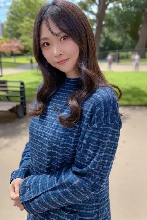 1girl, (wearing a casual dress:1.6),(RAW photo, best quality), (realistic, photo-realistic:1.4), masterpiece, an extremely delicate and beautiful, extremely detailed, 2k wallpaper, Amazing, finely detail, extremely detailed CG unity 8k wallpaper, ultra-detailed, highres, soft light, beautiful detailed girl, extremely detailed eyes and face, beautiful detailed nose, beautiful detailed eyes,cinematic lighting,(in the park:1.8),perfect anatomy,(slender body:1.8),(smile:1.4),(young girl:1.4),(close up:1.8),(look at viewer:1.4),(front view:2.0),cinematic angle,(wavy hair:1.2),standing,(cleavage:0.8), <lora:noguchiruriko_lora-02:0.8>