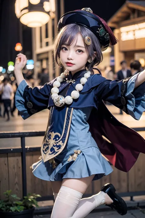 masterpiece, best quality, 10 years old, <lora:qiqi:0.7>, 1girl, qiqi (genshin impact), solo, thighhighs, hat, purple hair, white thighhighs, hair ornament, braid, qing guanmao, long sleeves, purple eyes, long hair, jewelry, parted lips, wide sleeves, ofuda, purple headwear, bangs, looking at viewer, outstretched arms, standing on one leg, beads, blush, shorts, dress, bead necklace, jiangshi, yin yang, single braid, black footwear, orb, necklace, blue dress, coin hair ornament, hair between eyes, very long hair, purple jacket, standing, snowflakes, shoes, cropped jacket, jacket, :o, sleeves past wrists, braided ponytail, vision (genshin impact), short shorts, bandaged leg, earrings, blue shorts, bandages, leg up, chinese clothes, yin yang orb,