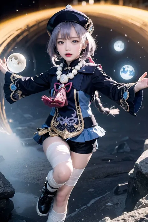 masterpiece, best quality, 10 years old, <lora:qiqi:0.7>, 1girl, qiqi (genshin impact), solo, thighhighs, hat, purple hair, white thighhighs, hair ornament, braid, qing guanmao, long sleeves, purple eyes, long hair, jewelry, parted lips, wide sleeves, ofuda, purple headwear, bangs, looking at viewer, outstretched arms, standing on one leg, beads, blush, shorts, dress, bead necklace, jiangshi, yin yang, single braid, black footwear, orb, necklace, blue dress, coin hair ornament, hair between eyes, very long hair, purple jacket, standing, snowflakes, shoes, cropped jacket, jacket, :o, sleeves past wrists, braided ponytail, vision (genshin impact), short shorts, bandaged leg, earrings, blue shorts, bandages, leg up, chinese clothes, yin yang orb,