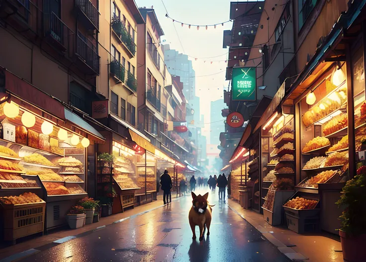 a tiny dog walking through a crowded street filled with bodegas and food vendors, brown fur, Anime. Soft lighting, 8K, octane render. By Makoto Shinkai, Stanley Artgerm Lau, WLOP, Rossdraws, James Jean, Andrei Riabovitchev, Marc Simonetti, krenz cushart, Sakimichan, D&D trending on ArtStation, digital art.