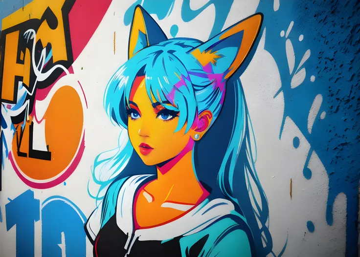 bunny ears woman, graffiti illustration, building wall