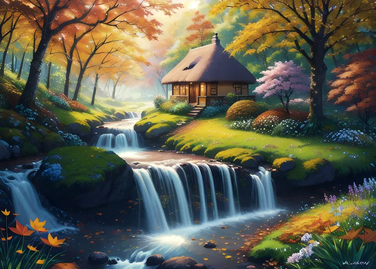 stone cottage, verdant, flowers, autumn leaves, absurd res, maximum detail, best quality, digital illustration, Most beautiful artwork in the world, Beautiful environment, Photorealistic painting art by midjourney, Professional majestic oil painting, Portfolio piece, Fantastic location, (global illumination, studio light, volumetric light)