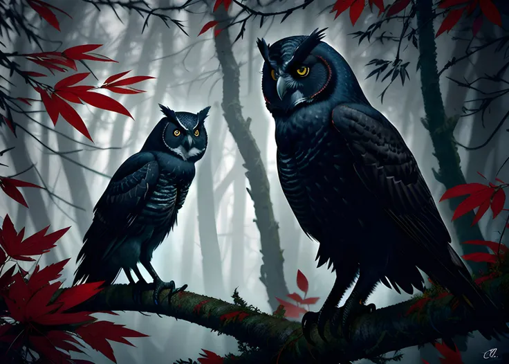 award winning photo, A black bird owl sitting on a branch, feathers, evil, sinister, red eye, intricate, detailed feathers, forest background, wildlife photography, by lee jeffries nikon d850 film stock photograph 4 kodak portra 400 camera f1.6 lens rich colors hyper realistic lifelike texture dramatic lighting trending on artstation cinestill 800, Style-LostTemple, deep shadow, high contrast, dark, full moon Style-NebMagic