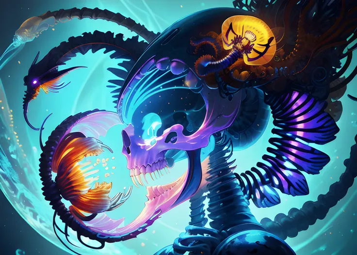 goddess close-up portrait skull with mohawk, ram skull, skeleton, thorax, x-ray, backbone, jellyfish phoenix head, nautilus, orchid, skull, betta fish, bioluminiscent creatures, intricate artwork by Tooth Wu and wlop and beeple. octane render, trending on artstation, greg rutkowski very coherent symmetrical artwork. cinematic, hyper realism, high detail, octane render, 8k