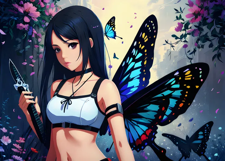 portrait of a cute beautiful girl holding a balisong butterfly knife, anime digital art, creepy