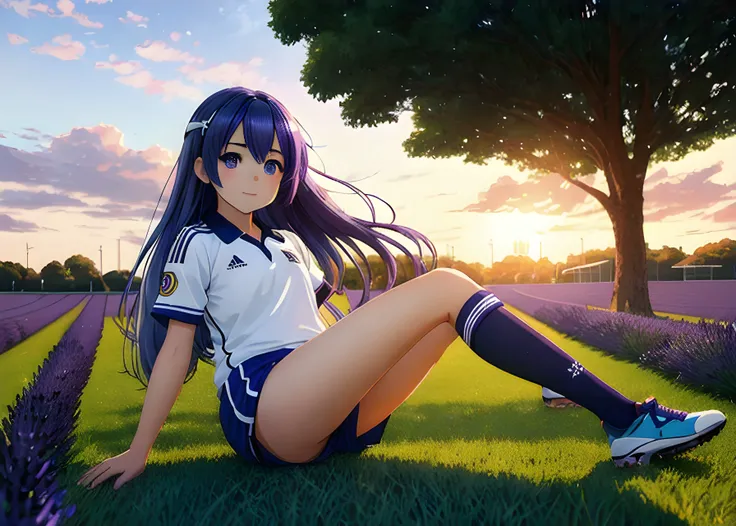 A cute young real life 3D anime girl with long blueish lavender hair, wearing a white soccer uniform with shorts, soccer ball against her foot, sitting on one knee in a large grassy green field, shining golden hour, she has detailed black and purple anime eyes, extremely detailed cute anime girl face, she is happy, child like, kid, black anime pupils in her eyes, Haruhi Suzumiya, Umineko, Lucky Star, K-On, Kyoto Animation, she is smiling and happy, tons of details, sitting on one knee on the grass, chibi style, extremely cute, she is smiling and excited, her tiny hands are on her thighs, she has a cute expressive face