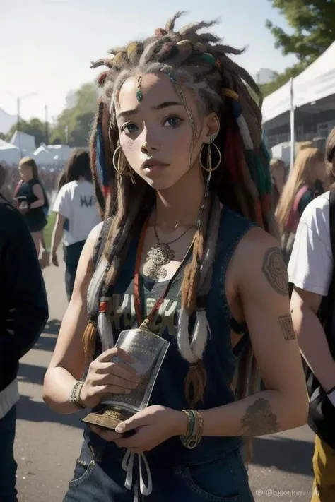 candid photograph, 22 year old hippie woman, dreadlocks, music festival, baggy clothes, award winning, sharp features, canon d60, 50mm