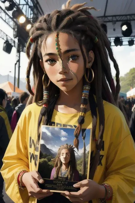 candid photograph, 22 year old hippie woman, dreadlocks, music festival, baggy clothes, award winning, sharp features, canon d60, 50mm