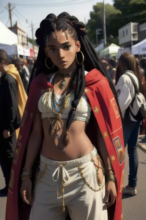 candid photograph, 22 year old Cape Verdean hippie woman, dreadlocks, music festival, baggy clothes, award winning, sharp features, canon d60, 50mm