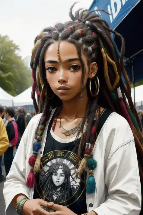candid photograph, 22 year old hippie woman, dreadlocks, music festival, baggy clothes, award winning, sharp features, canon d60, 50mm