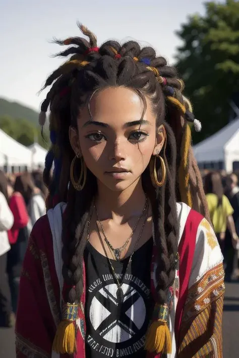candid photograph, 22 year old hippie woman, dreadlocks, music festival, baggy clothes, award winning, sharp features, canon d60, 50mm