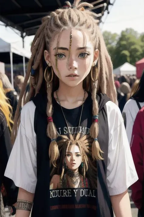 candid photograph, 22 year old English hippie woman, dreadlocks, music festival, baggy clothes, award winning, sharp features, canon d60, 50mm