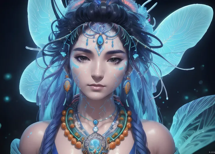 close-up macro portrait of the face of a psychedelic shaman with trinket necklace, epic angle and pose, symmetrical artwork, 3d with depth of field, blurred background, cybernetic jellyfish male face skull ayahuasca, translucent, fungus, energy flows of water and fire. a highly detailed epic cinematic concept art CG render. made in Maya, Blender and Photoshop, octane render, excellent composition, cinematic dystopian brutalist atmosphere, dynamic dramatic cinematic lighting, aesthetic, very inspirational, arthouse, Greg Rutkowski, Ilya Kuvshinov, WLOP, Stanley Artgerm Lau, Ruan Jia and Fenghua Zhong