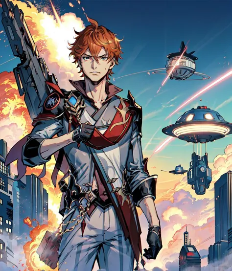 1boy, beautiful sky, jim lee, <lora:jim_lee_offset_right_filesize:0.09> ADDCOMM 
 (masterpiece1.1), (high resolusion:1) ADDBASE 
explosion, shooting missile, ADDCOL 
<lora:tartaglia:0.75> tartaglia (genshin impact), (orange hair), black gloves, angry, upper body,  ADDCOL 
ufo, flying ufo, (shooting laser, laser)