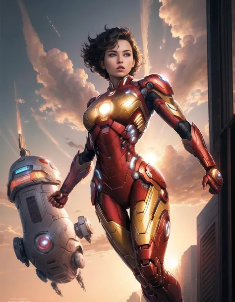 a short hair young female wearing iron-man suit flying in the sunset sky,jim lee,((best quality)), ((masterpiece)), ((realistic)), (detailed) <lora:jimLeeDCComicsMarvel_offset:0.65>