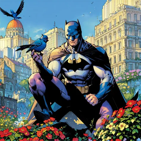 masterpiece, high quality, comic, batman with cape sitting in a flower garden, holding blue bird on finger, (jim lee), garden background, sunny <lora:jim_lee_offset_right_filesize:1>