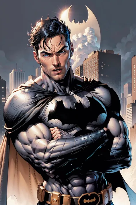 jim lee, 1boy, batman abs, bara, black hair, gray bodysuit, blue eyes, bodysuit, cape, open mouth, crossed arms, large pectorals, male focus, muscular, muscular male, pectoral lift, pectorals, black cape, short hair, simple background, solo, superhero, upper body,flat style , ((masterpiece)) <lora:jimLeeDCComicsMarvel_offset:0.65>