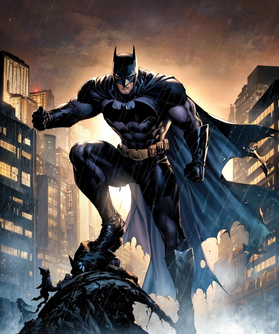 1boy, dark scene, picture of batman in black suit standing on a gargoyle figure, dynamic pose, athletic, white eyes, no pupils, night city, mist, particles, male focus, mask, muscular, muscular male, ragged and torn cape, night, outdoors, rain, serious, dark armosphere, detailed background, jim lee, <lora:jimLeeDCComicsMarvel_offset:0.65>